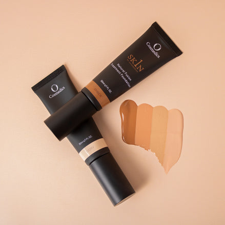 O Cosmedic 1Skin Treatment Foundations with a swatch of colour on a beige background