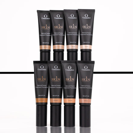 Set of O Cosmedic 1Skin Treatment Foundation tubes on a white background