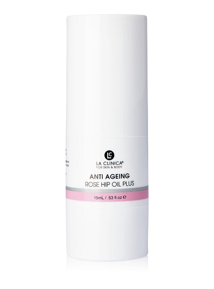 Anti-aging rose hip oil plus container with white background