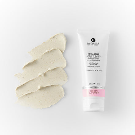 Anti Ageing 3 Fruit Enzymes Exfoliating Scrub & Mask with a swatch of mask on a white background