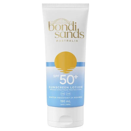 Tube of Bondi Sands sunscreen lotion with SPF 50+ on a white background