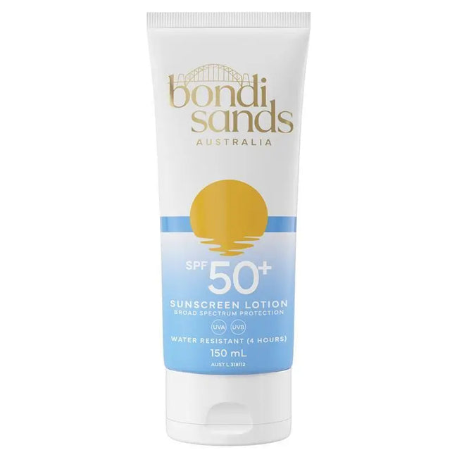 Tube of Bondi Sands sunscreen lotion with SPF 50+ on a white background