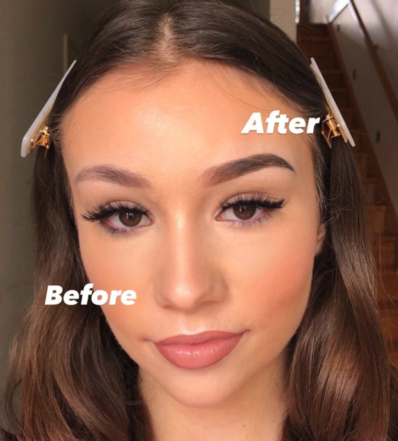 Before and after comparison of a woman's brows using Eyebrow Designer Kit