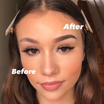 Before and after comparison of a woman's brows using Eyebrow Designer Kit