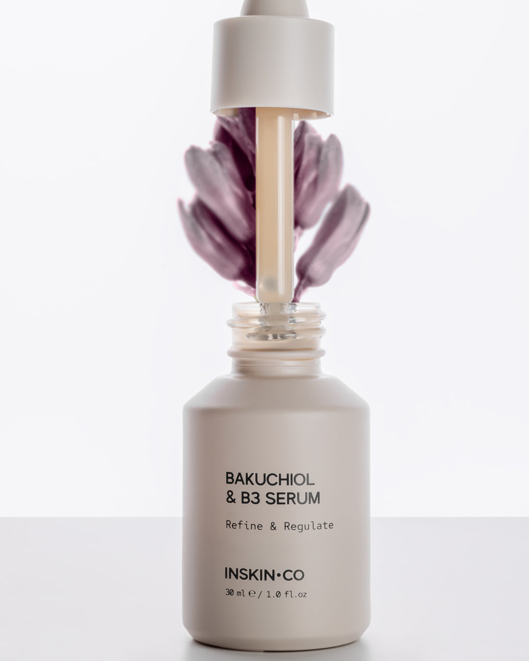 Bakuchiol & B3 serum bottle with dropper on a white background