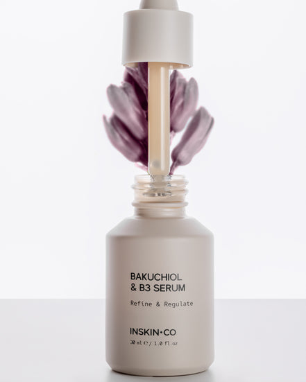 Bakuchiol & B3 serum bottle with dropper on a white background