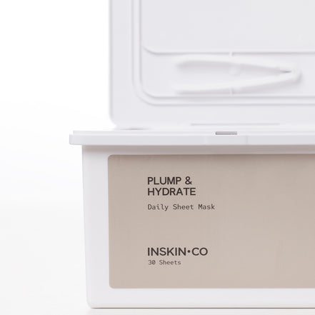 INSKIN•CO Plump & Hydrate daily sheet mask packaging with text on a white background