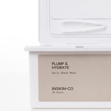 INSKIN•CO Plump & Hydrate daily sheet mask packaging with text on a white background