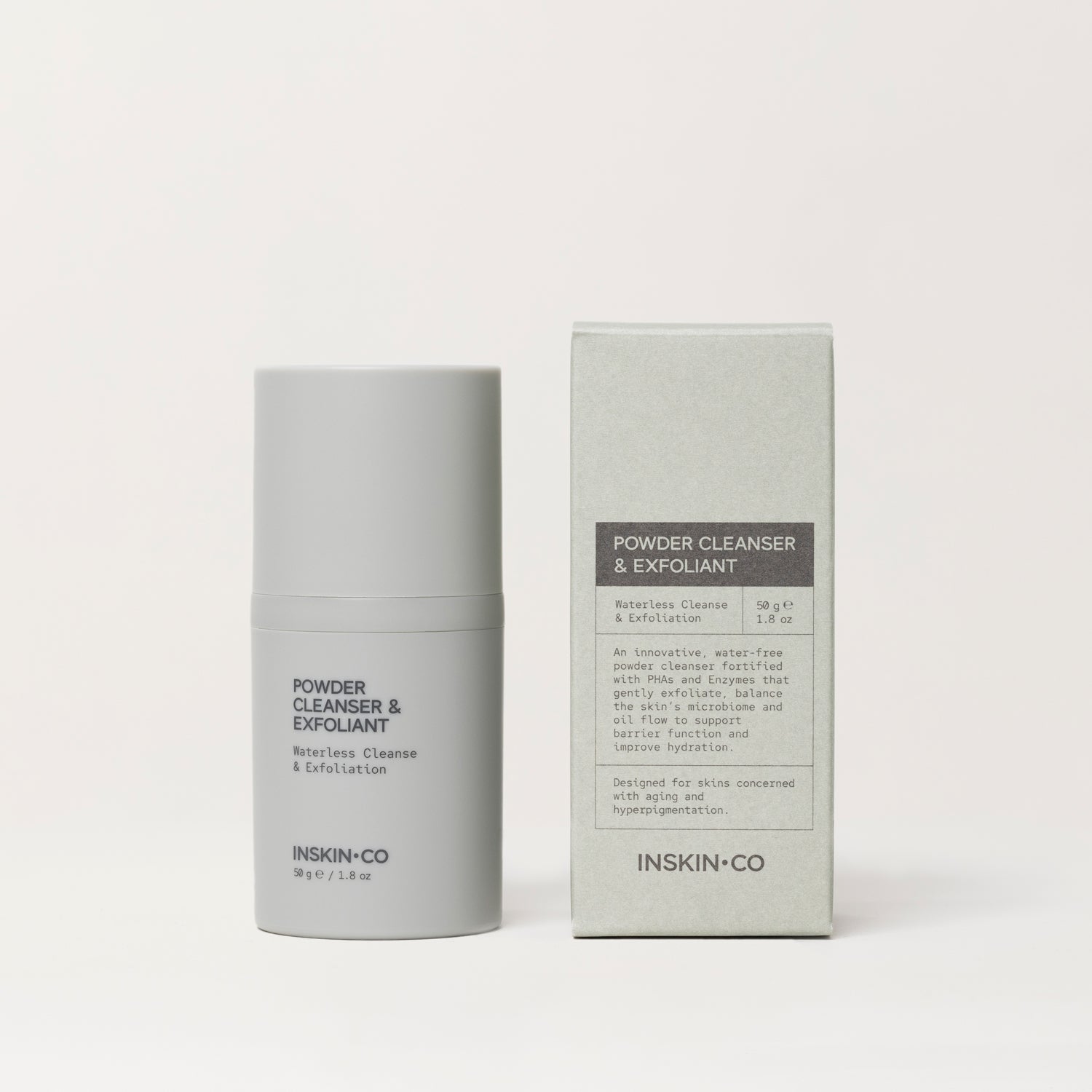Inskin+Co Powder Cleanser & Exfoliant with packaging on a white background