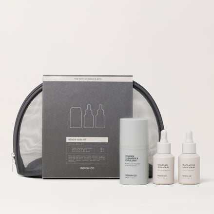 INSKIN-CO Renew Skinckit with a gray pouch on a light beige background