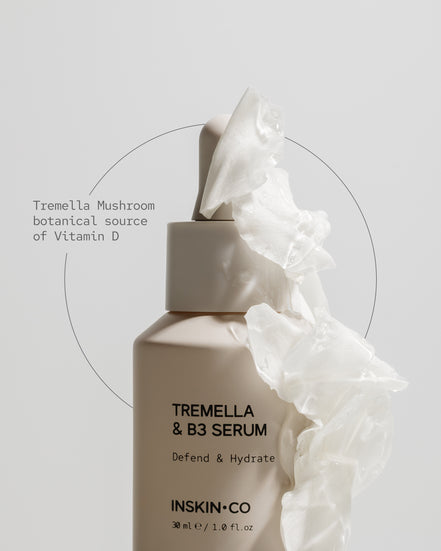Tremella & B3 Serum bottle with white fabric on a light gray background