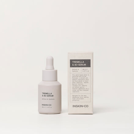 Inskin.Co Tremella & B3 Serum bottle and packaging on a white background