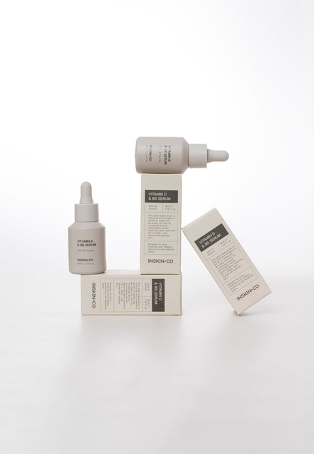 VitaminD- & B5 Serum products including bottles and packaging on a white background