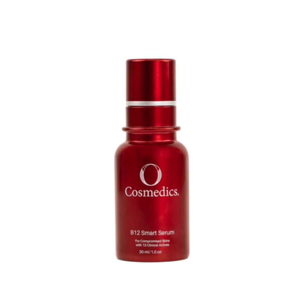Red sB12 Smart Serum bottle with 'O Cosmedics' branding on a white background