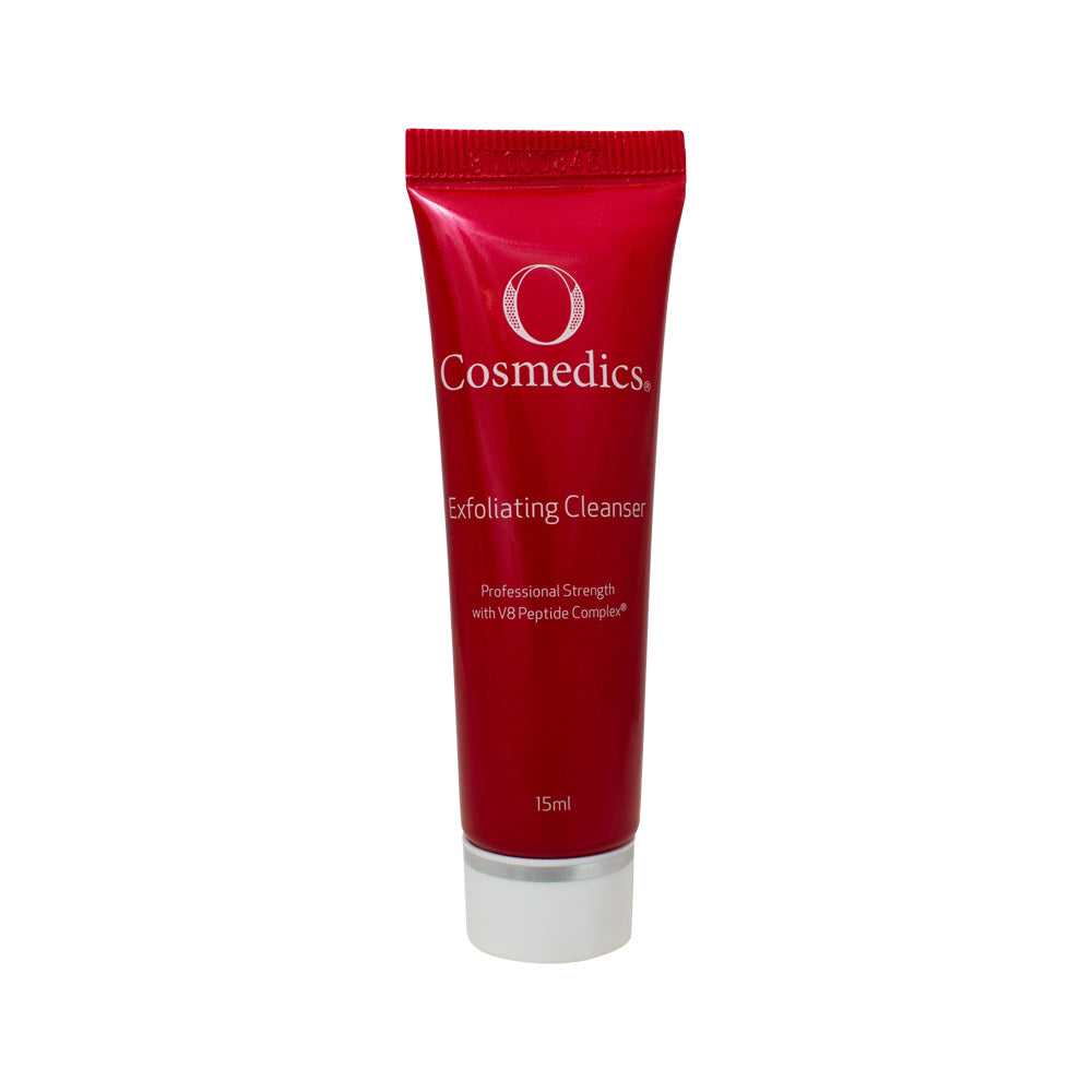 Red tube of O Cosmedics Exfoliating Cleanser on a white background