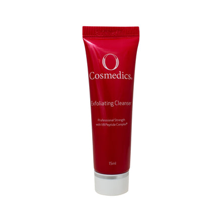 Red tube of O Cosmedics Exfoliating Cleanser on a white background