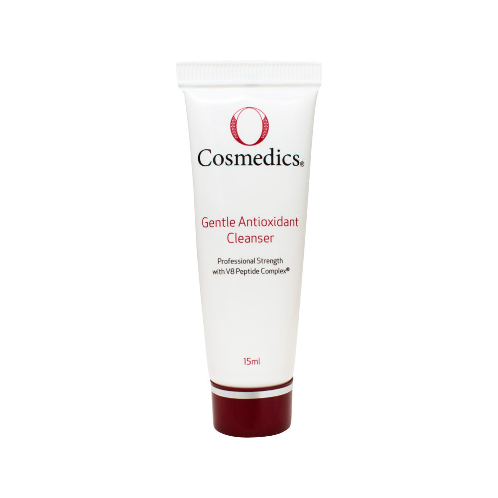 Cosmetic tube labeled 'O Cosmedics Gentle Antioxidant Cleanser' on a white background