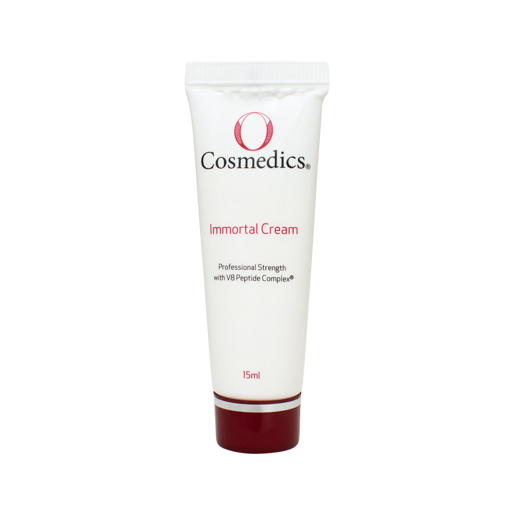 Cosmetic cream tube labeled 'O Cosmedics Immortal Cream' on a white background