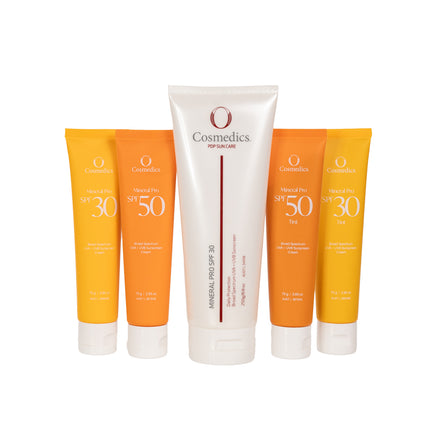 'O' Mineral Pro SPF 30+ Untinted products including sunscreen tubes and a cream on a white background
