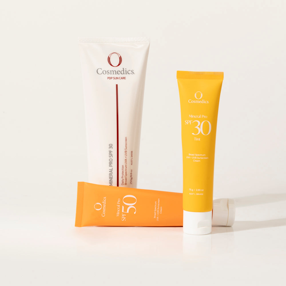 Cosmedics sun care products including 'O' Mineral Pro SPF 30+ Untinted