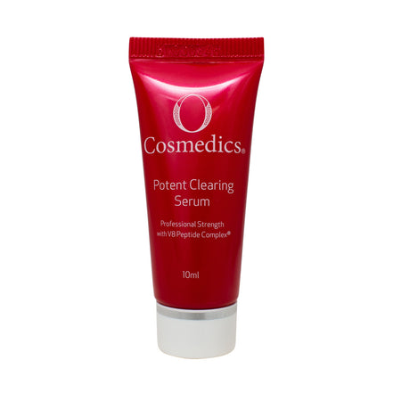 Red tube of O Cosmedics Potent Clearing Serum on a white background