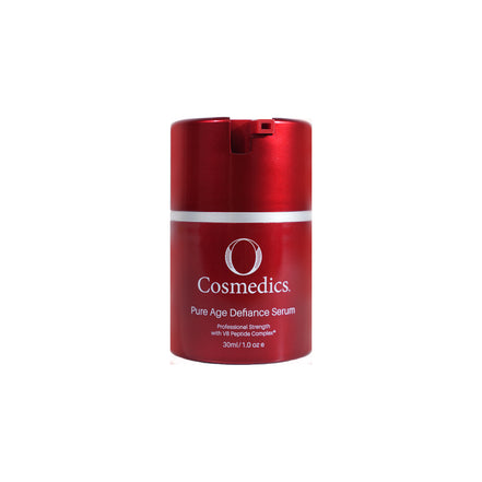 Red cosmetic jar labeled 'O Cosmedics Pure Age Defence Serum' on a white background