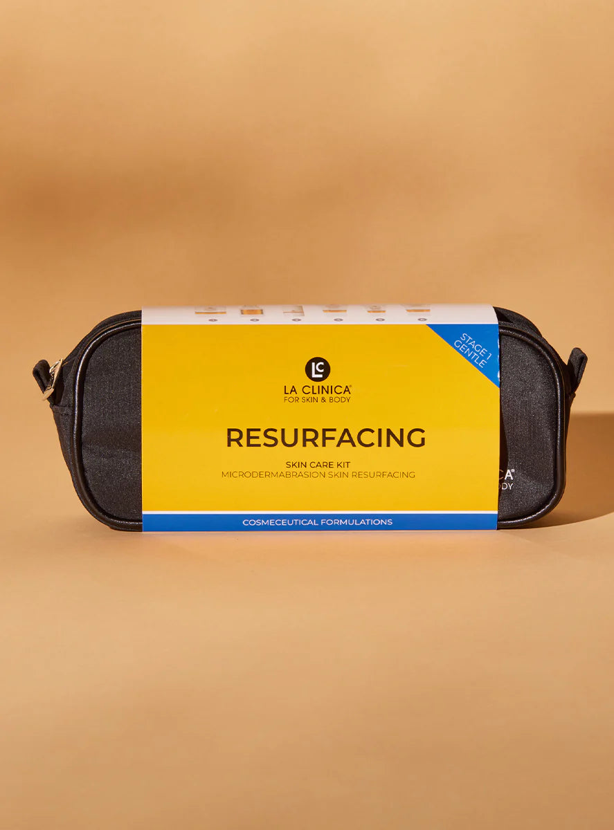 Skincare kit labeled 'Resurfacing' by La Clinical on a beige background