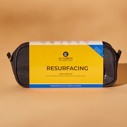 Skincare kit labeled 'Resurfacing' by La Clinical on a beige background