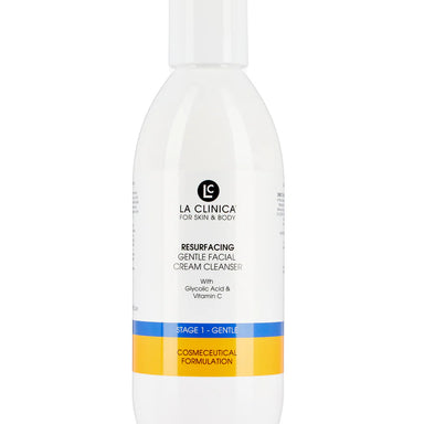 White bottle of La Clinica resurfacing gentle facial cream cleanser on a white background
