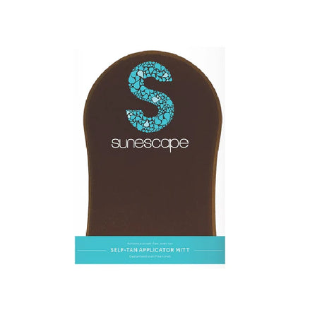 Brown self-tan applicator mitt with 'sunescape' branding on a white background