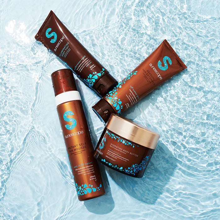 Sunscrape skincare products on a light blue water background